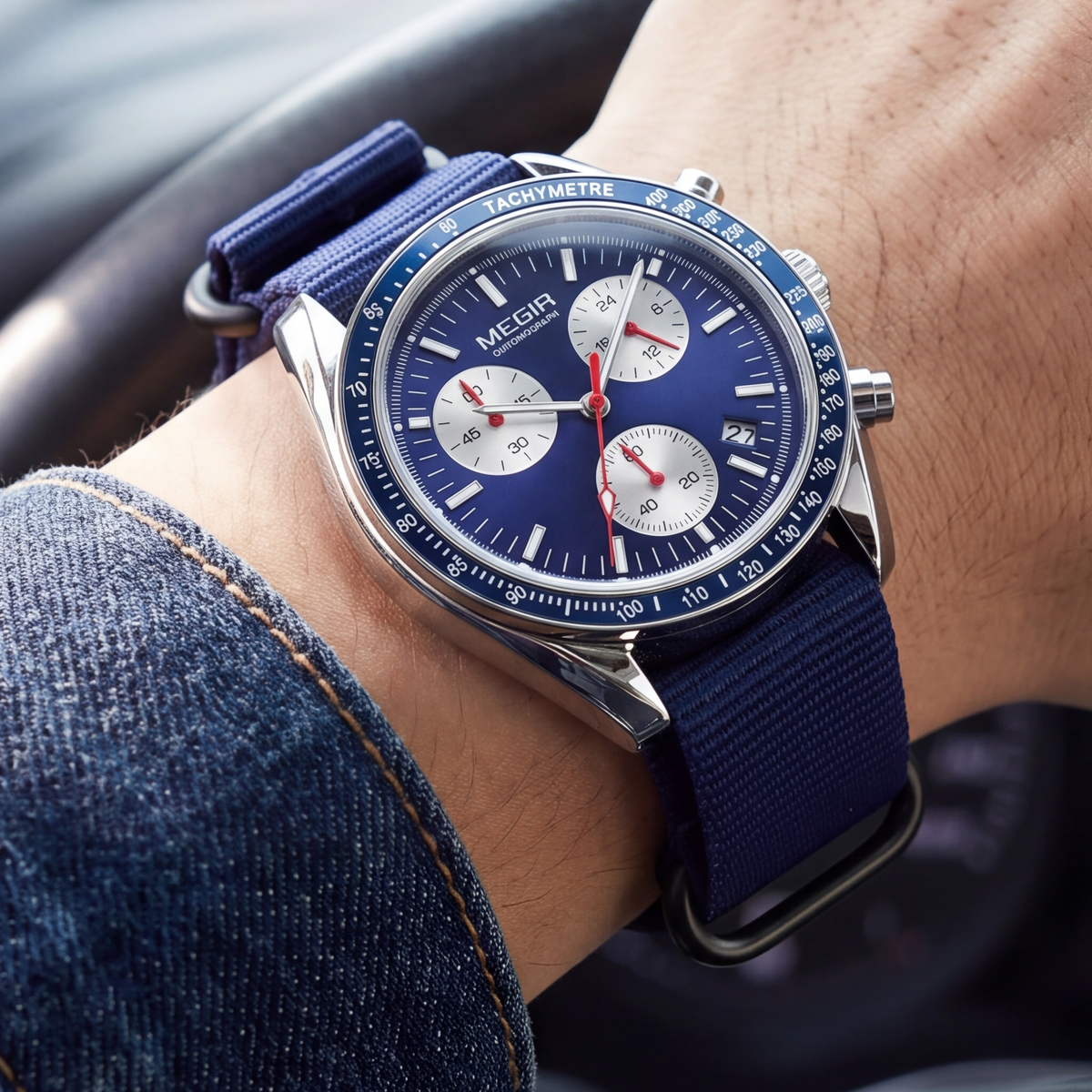 Rally Watch Blue Silver — on model