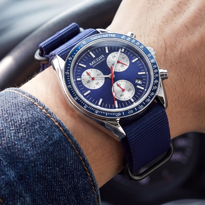 Rally Watch Blue Silver — on model