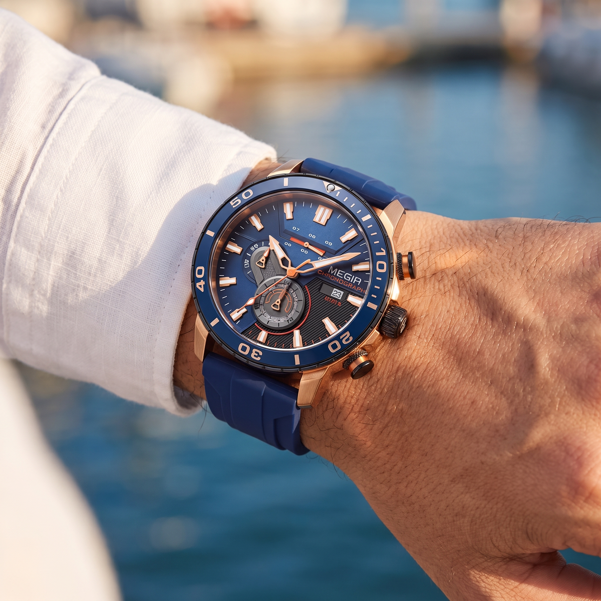 Regatta Ceramic Chronograph Watch Blue Rose Gold — on model