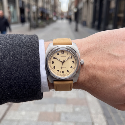 Rhodes Genuine Leather Watch worn on the wrist on a city street
