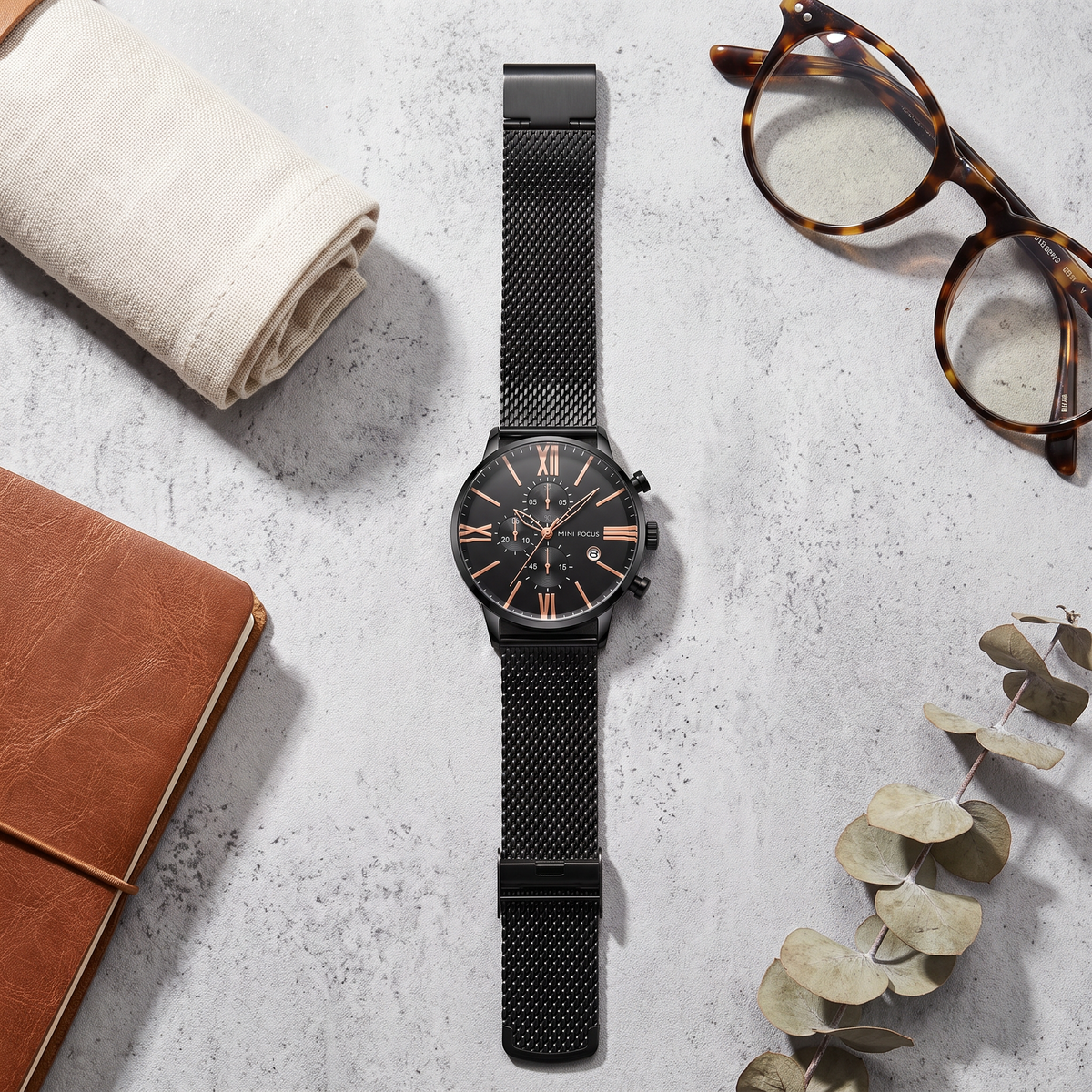 Roma Steel Mesh Watch Black — flatlay 1