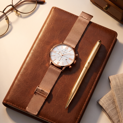 Roma Steel Mesh Watch Rose Gold — flatlay 2