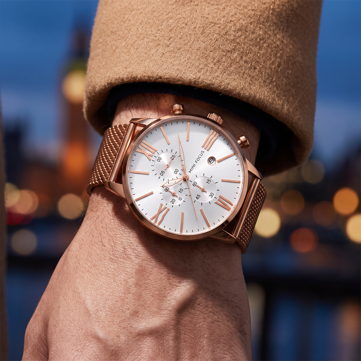 Roma Steel Mesh Watch Rose Gold — on model