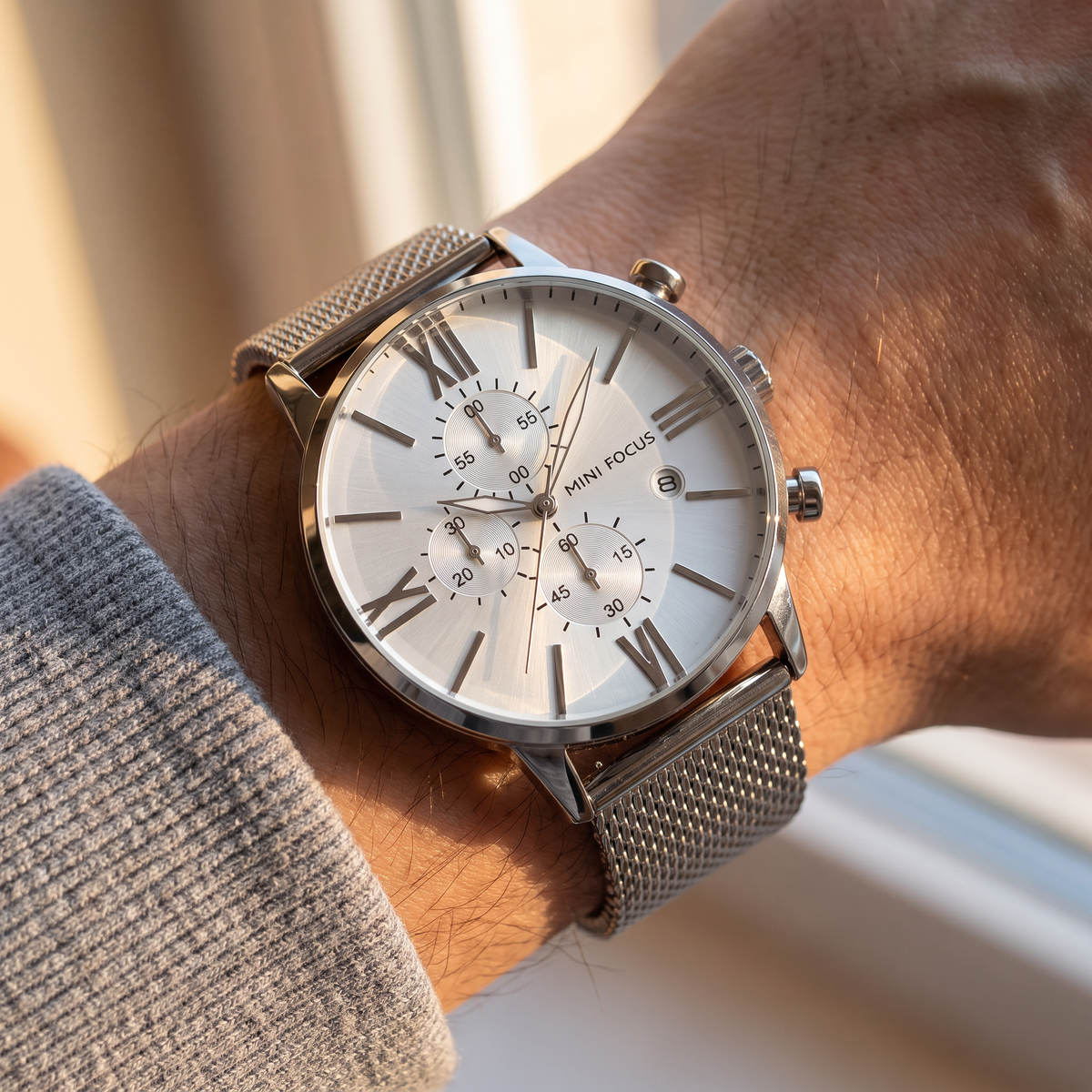 Roma Steel Mesh Watch Silver — on model