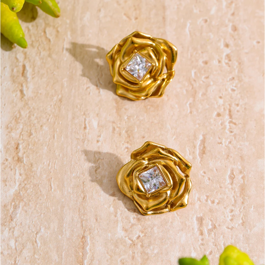 Rosalind gold rose stud earrings styled
