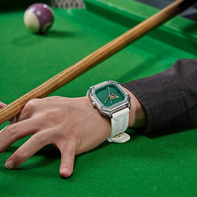 Rowan billiards dial sport watch with white rubber strap worn at a pool table