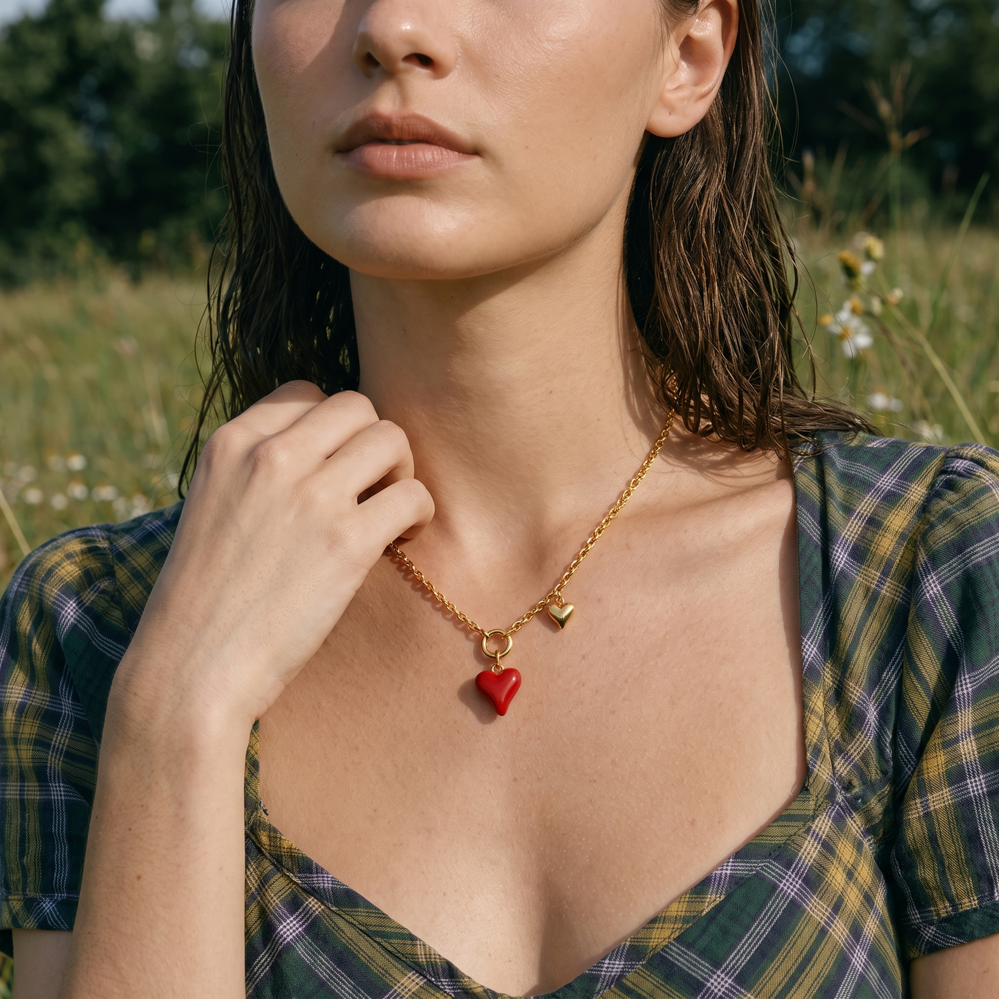 Sabrina-Enamel-Heart-Necklace Gold — on model