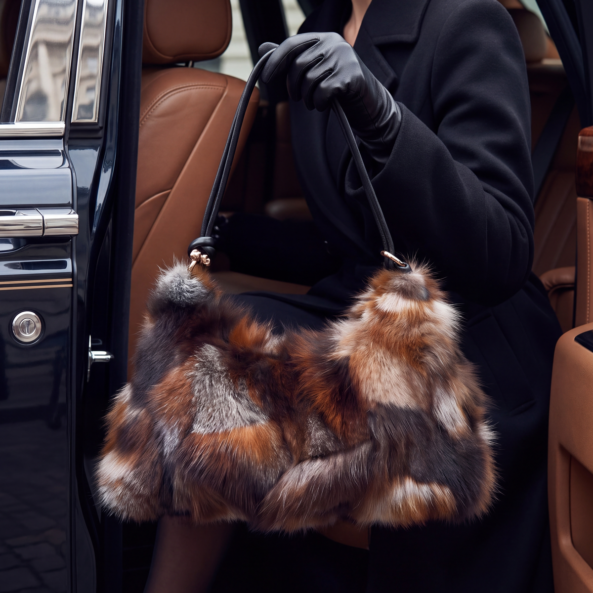 Sasha Fox Fur Bag Brown — on model