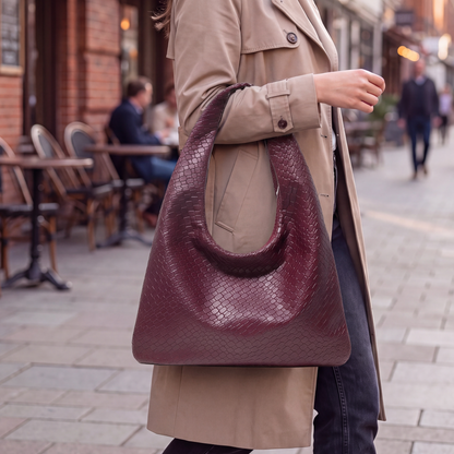 Seville Shoulder Bag in Burgundy, worn on the shoulder