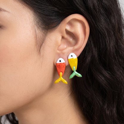 Sienna Enamel Fish Stud Earrings in Red & Yellow — worn on model