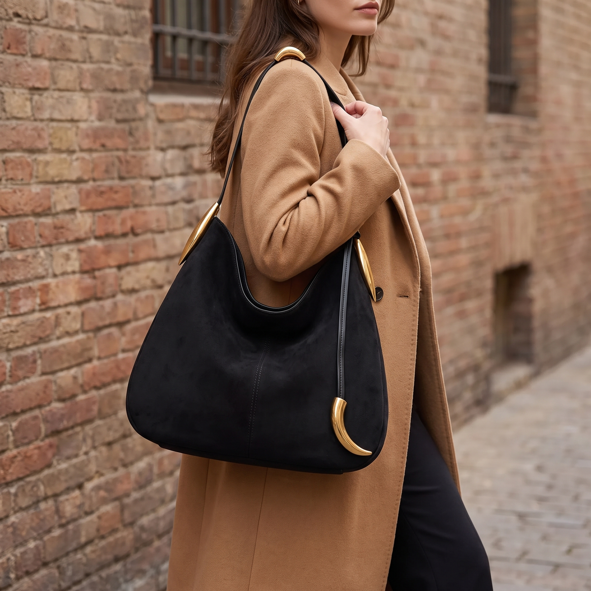 Sloane Crescent Shoulder Bag Black — on model