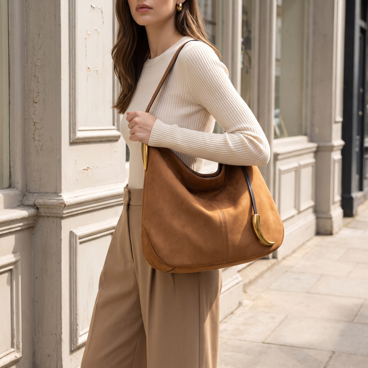 Sloane Crescent Shoulder Bag Brown — on model