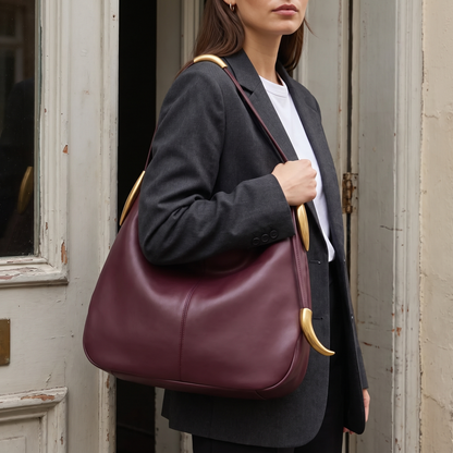 Sloane Crescent Shoulder Bag Wine Red — on model