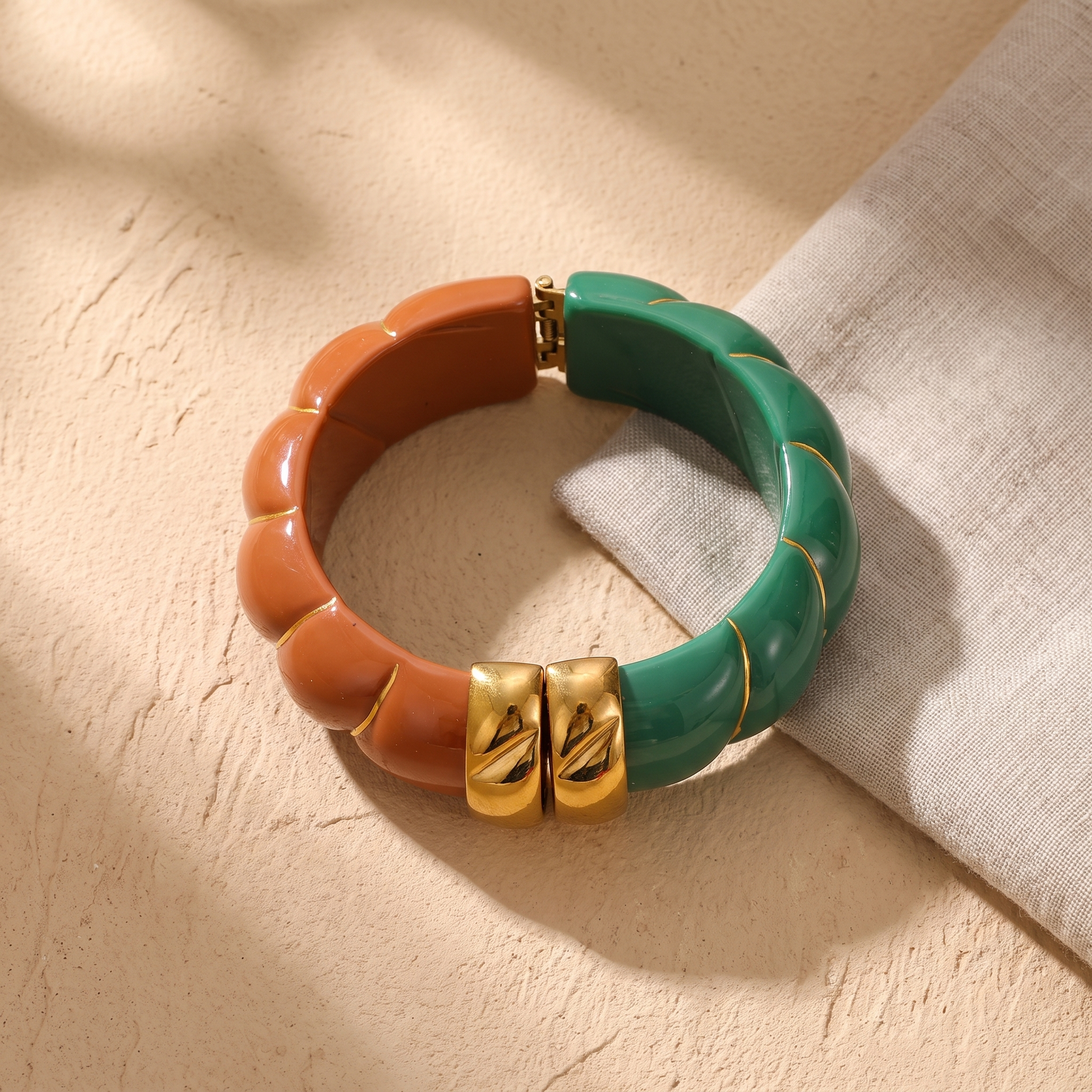 Sonoma two-tone resin cuff bangle in Terracotta Green