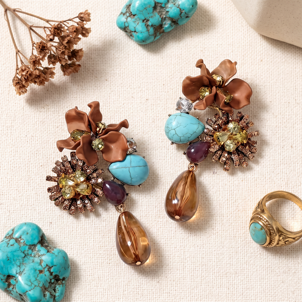 Sorrel Floral Drop Earrings Brown — flatlay 1