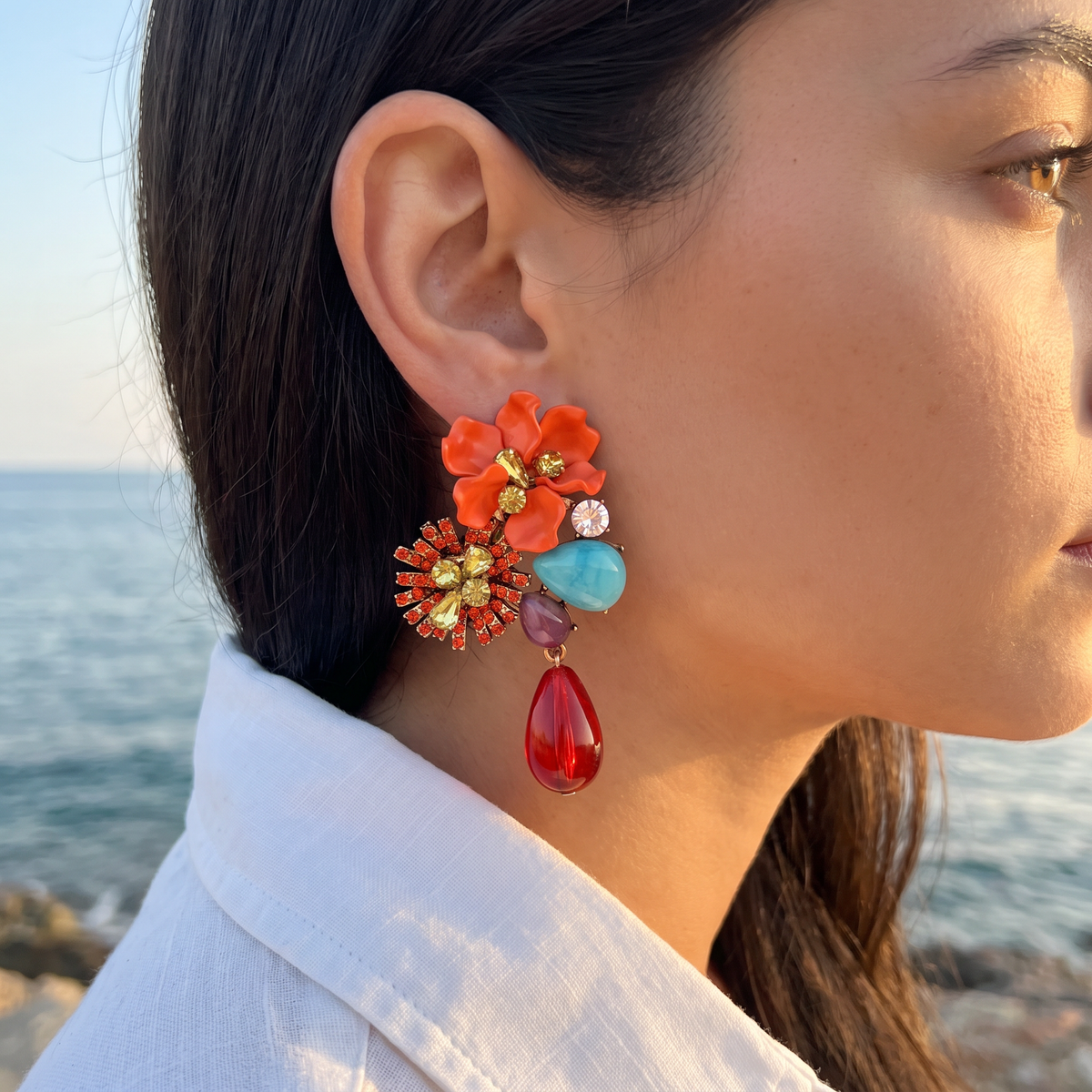 Sorrel Floral Drop Earrings Orange — on model