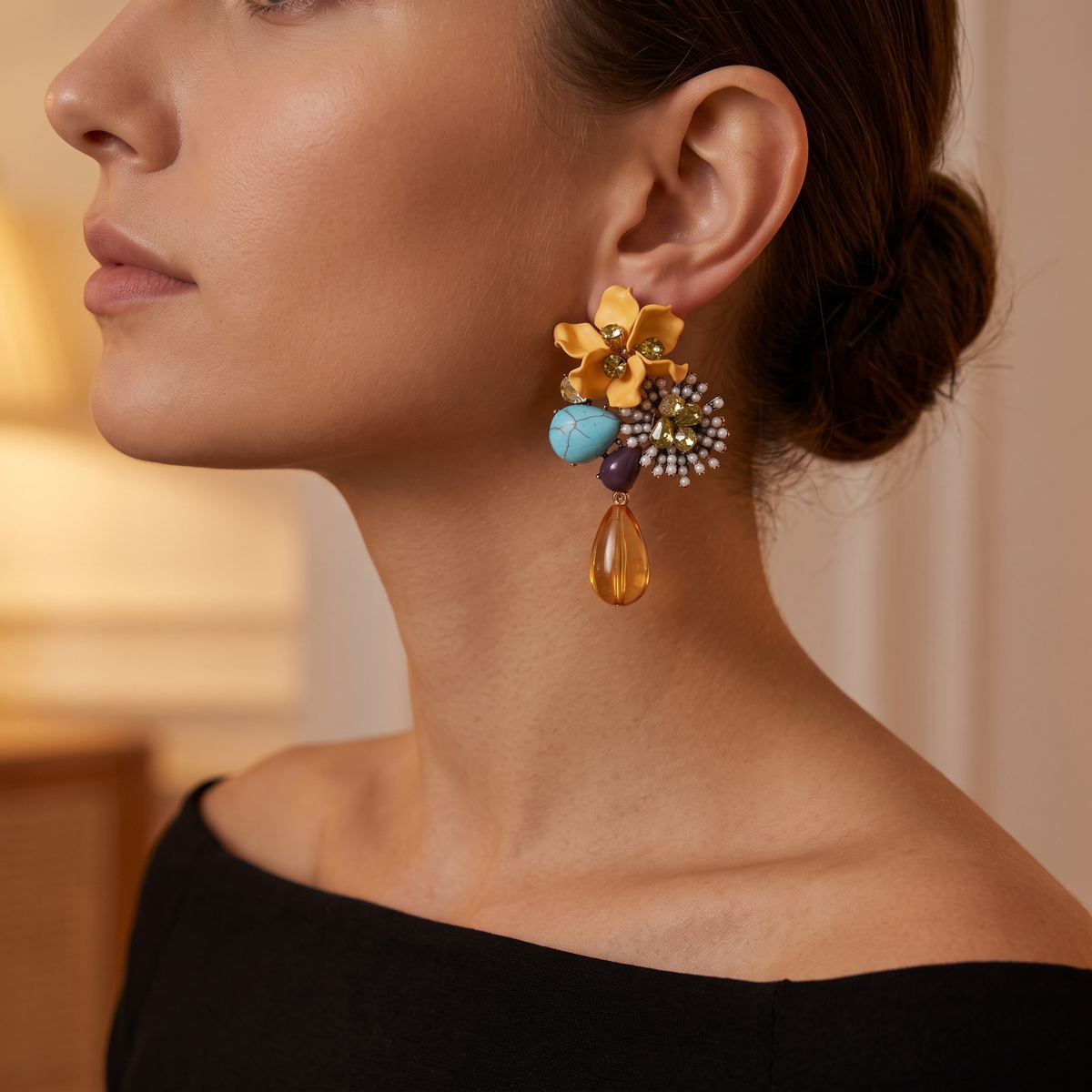 Sorrel Floral Drop Earrings Yellow — on model