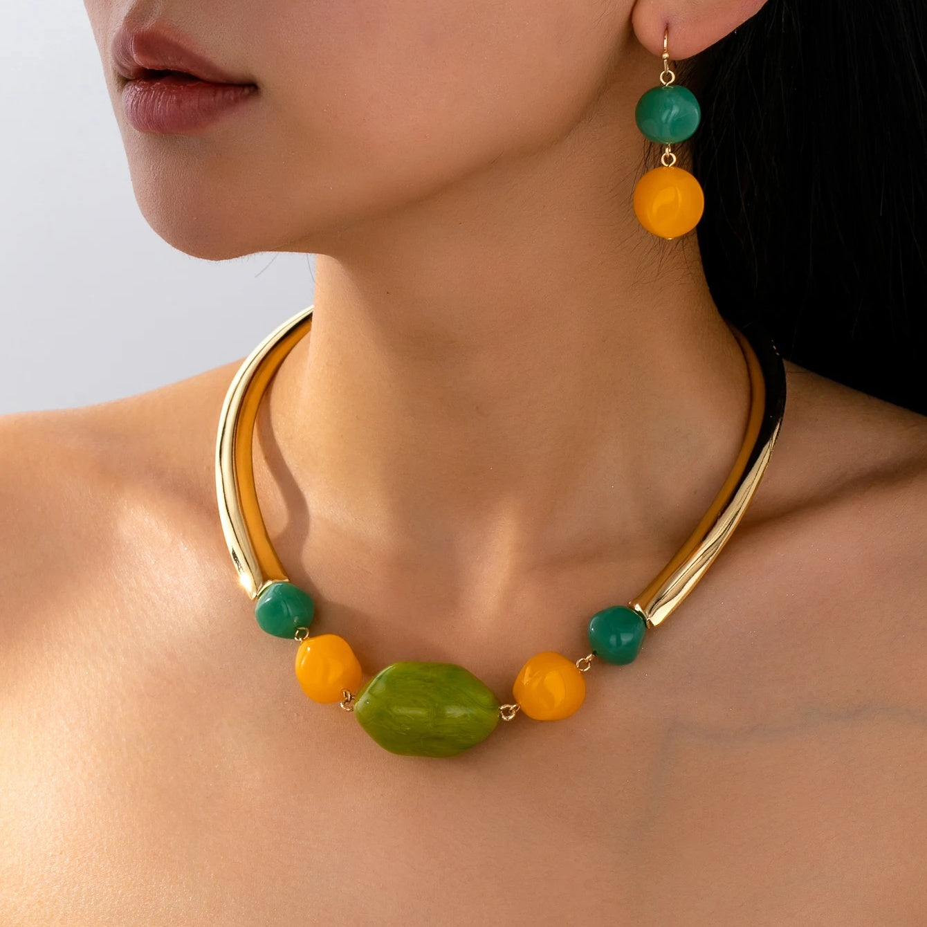 Sorrento beaded collar necklace and drop earrings worn