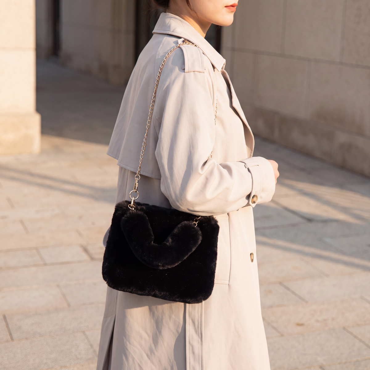 Teddy Faux Fur Tote Black — on model