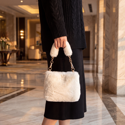 Teddy Faux Fur Tote Ivory — on model