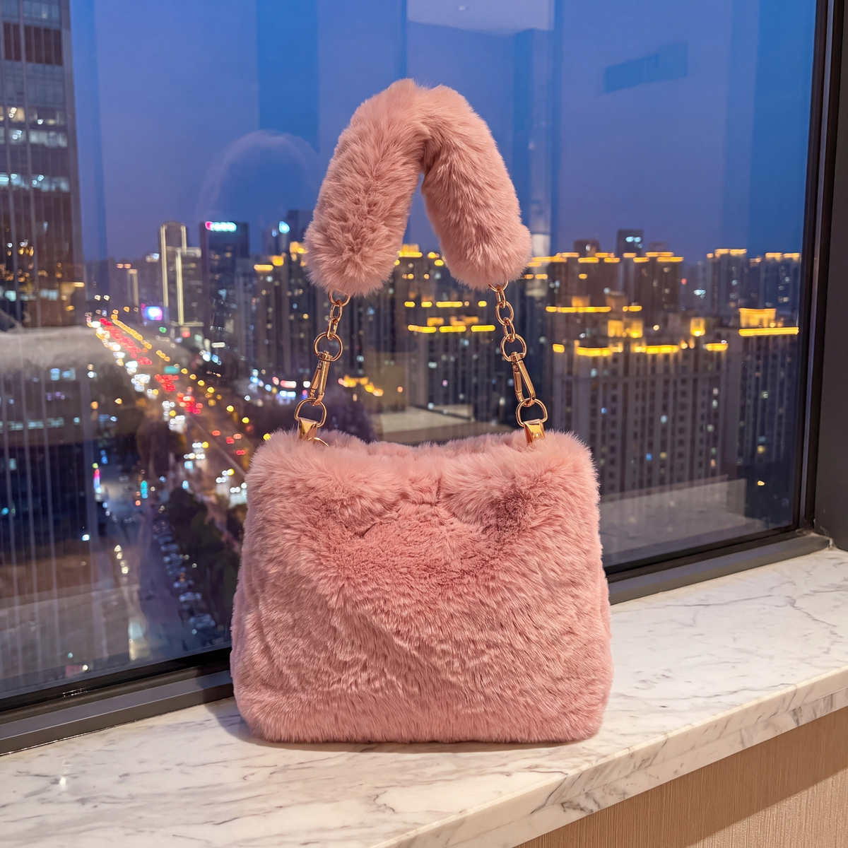 Teddy Faux Fur Tote Pink — styled on a window ledge