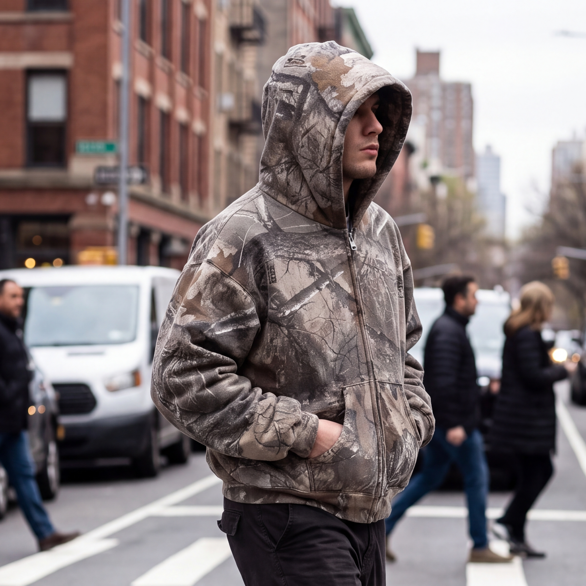 Timber Camo Hoodie, Zip-Up, worn