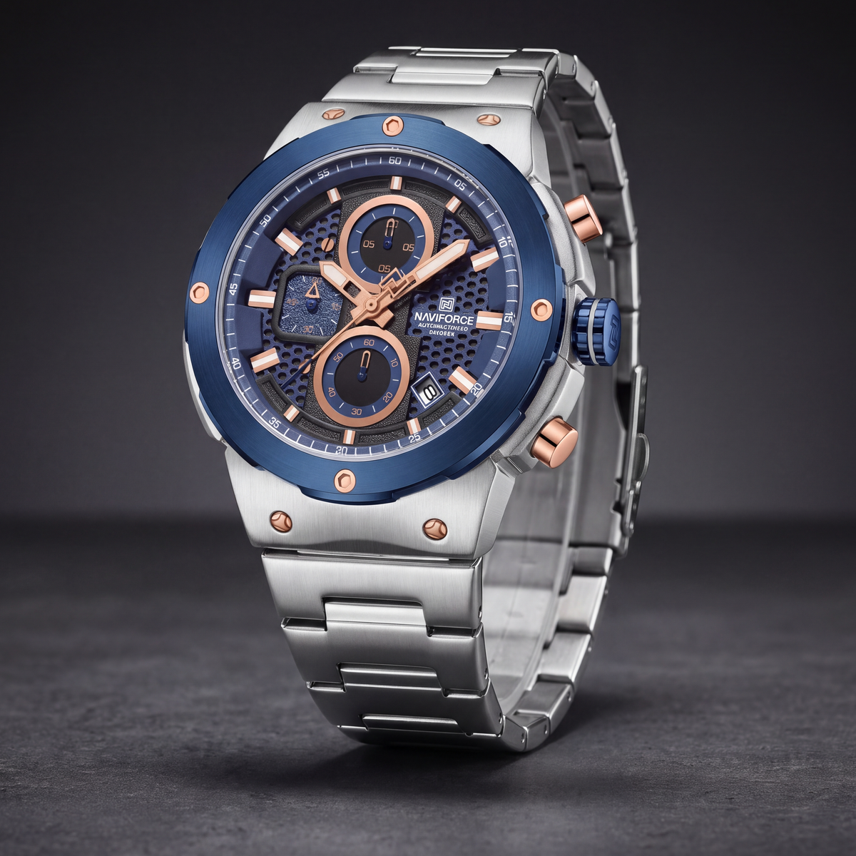 Titan Chrono Watch Blue Silver — studio 1