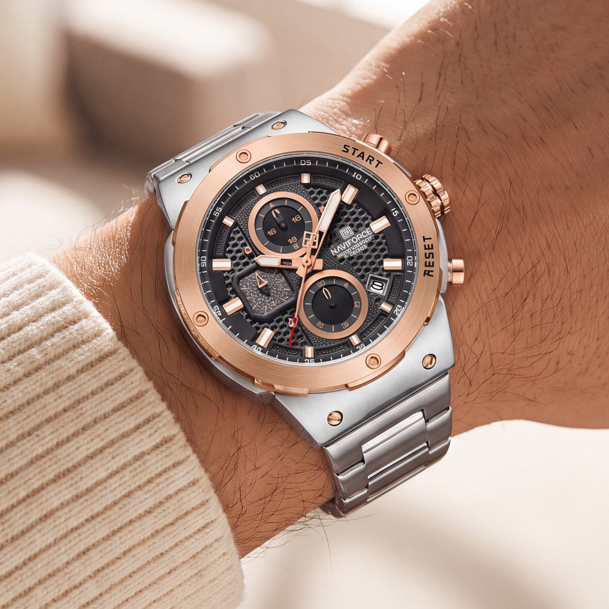 Titan Chrono Watch Rose Gold Silver — on model
