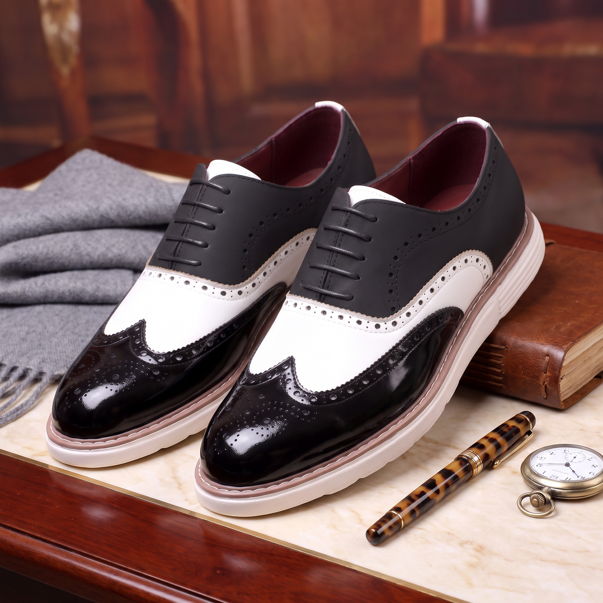 Tomas Wingtip Oxfords Black White — flatlay 1