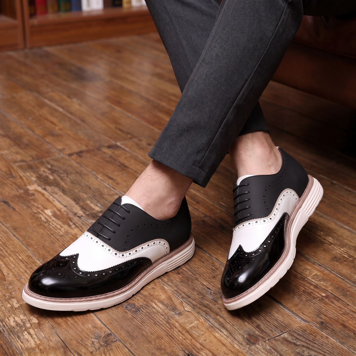 Tomas Wingtip Oxfords Black White — on model