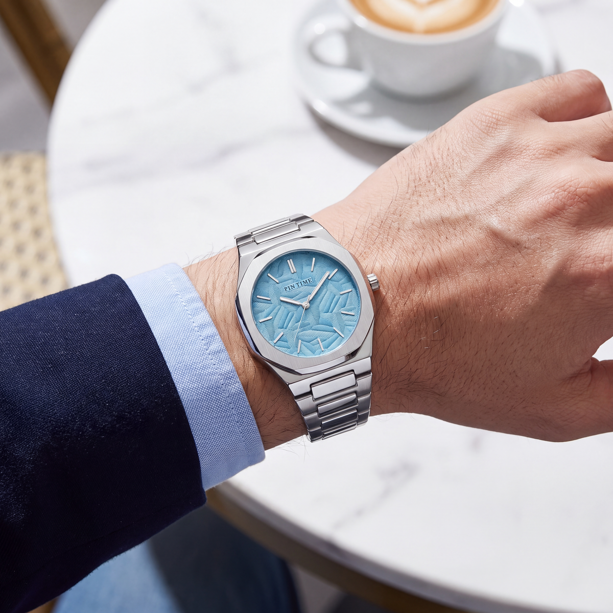 Warwick-Octagonal-Dial-Watch Blue Silver — on model