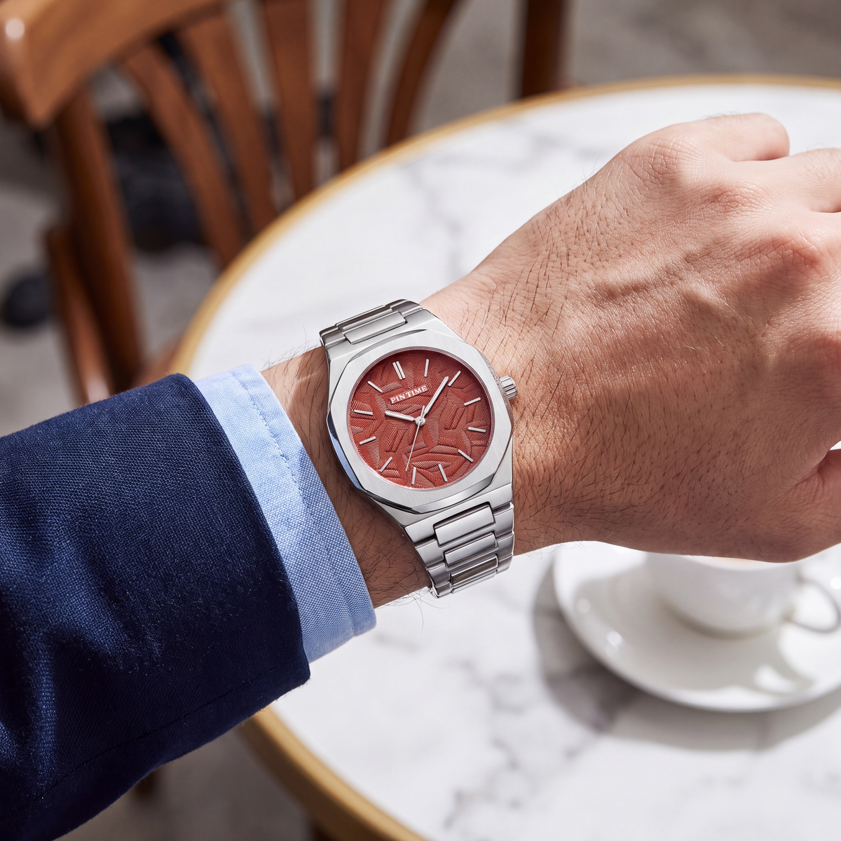 Warwick-Octagonal-Dial-Watch Red Silver — on model