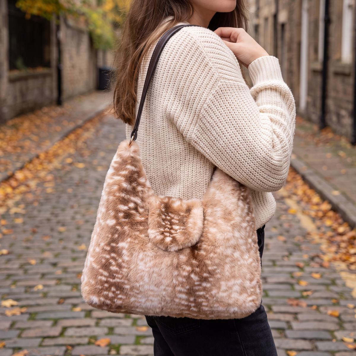 Winnie Faux Fur Bag Tan Spot — on model