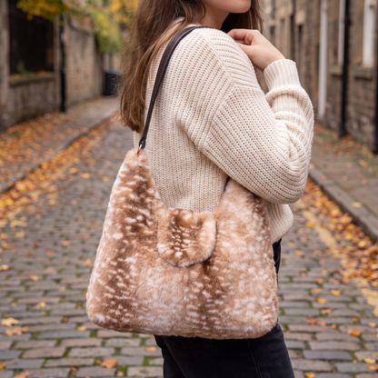 Winnie Faux Fur Bag Tan Spot — on model